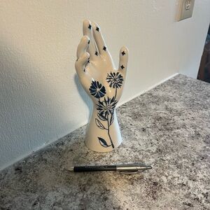 Urban Outfitters White Ceramic Hand Vase with Blue Floral Design